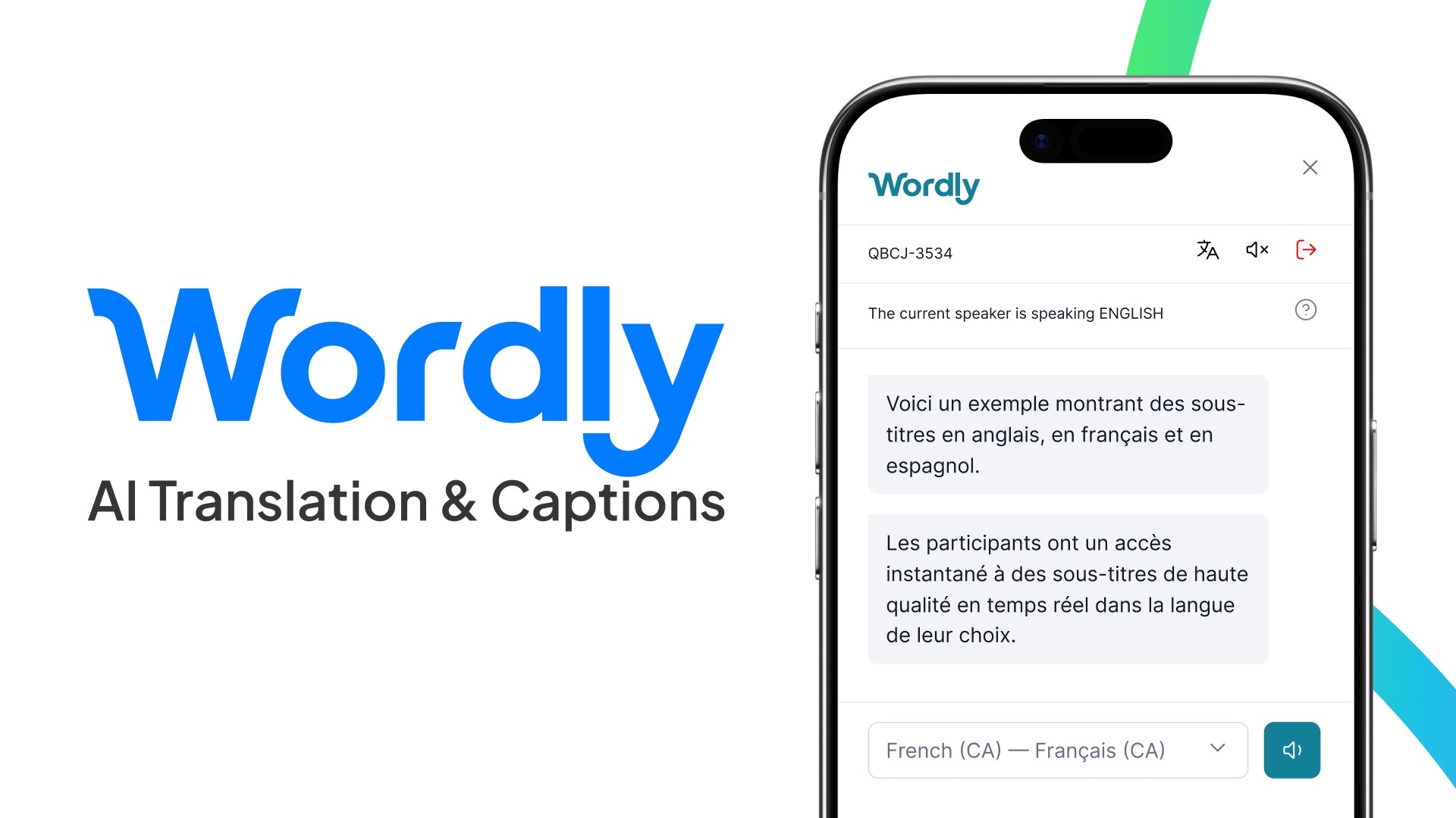 Wordly 手機畫面：講者說英文，與會者即時看到法文字幕