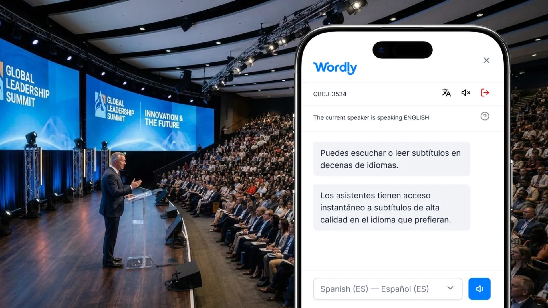 國際研討會現場，與會者用手機收看 Wordly 西班牙文即時字幕